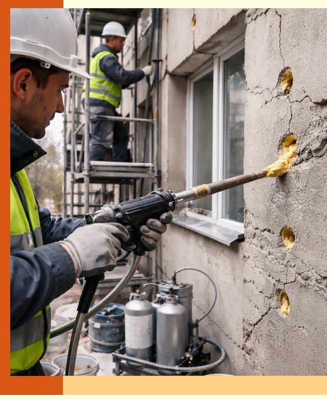 Заполнение пустот в фасаде и утепление стен в Полевском